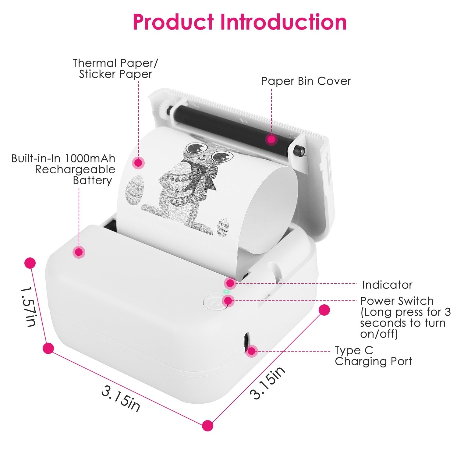 Mini Printer - Printer Paper 'Options' -- Pocket Wireless Thermal Printer Portable Mini Sticker Maker Machine Rechargeable Inkless Photo Printer For Printing Label Journal Study Notes Memo Photos